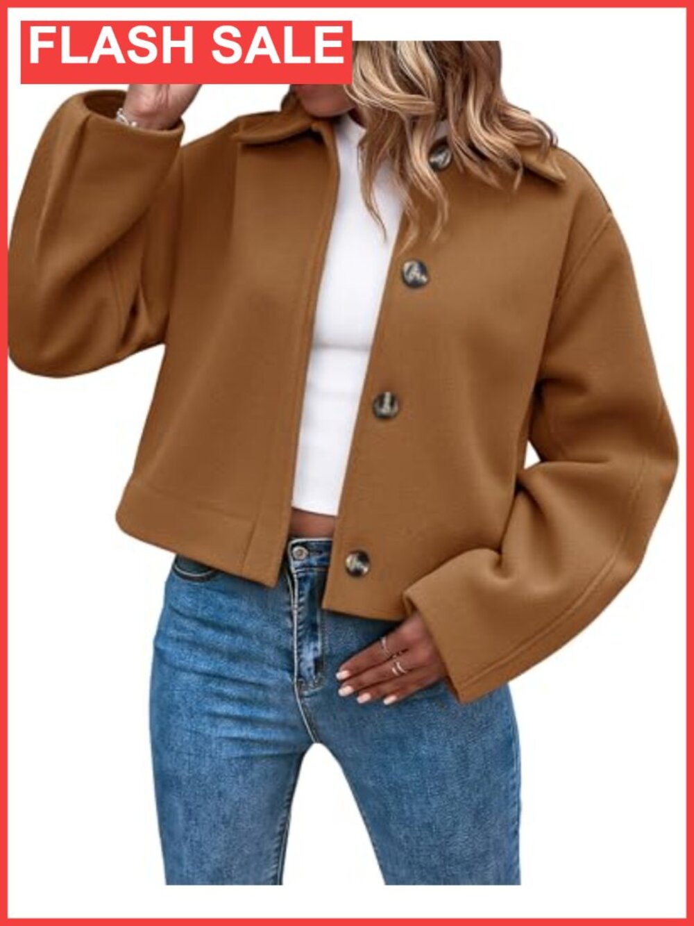 Cropped Wool Blend Pea Coat Button Down Lapel Collar Fall Winter Outerwear